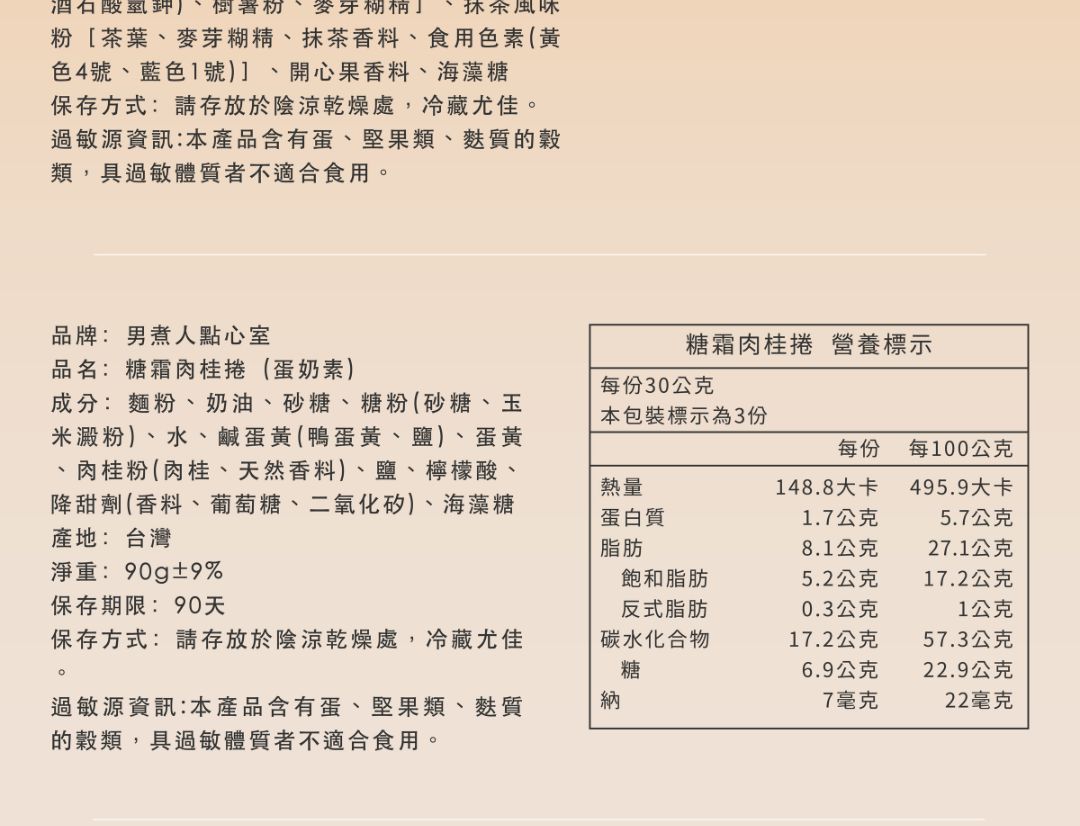 糖霜肉桂捲產品標示圖。清晰列出蛋奶素成分、淨重 90克,以及每份 148.8大卡的熱量、糖分與過敏原資訊