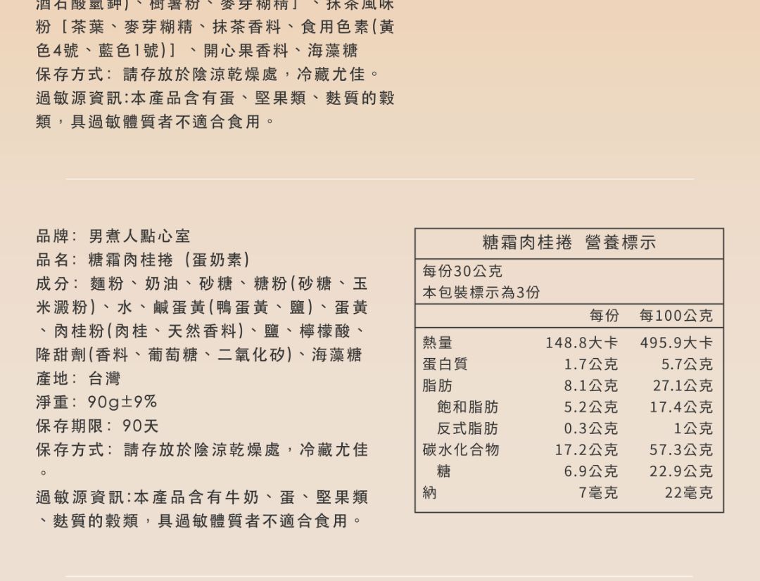 糖霜肉桂捲產品標示圖。清晰列出蛋奶素成分、淨重 90克，以及每份 148.8大卡的熱量、糖分與過敏原資訊