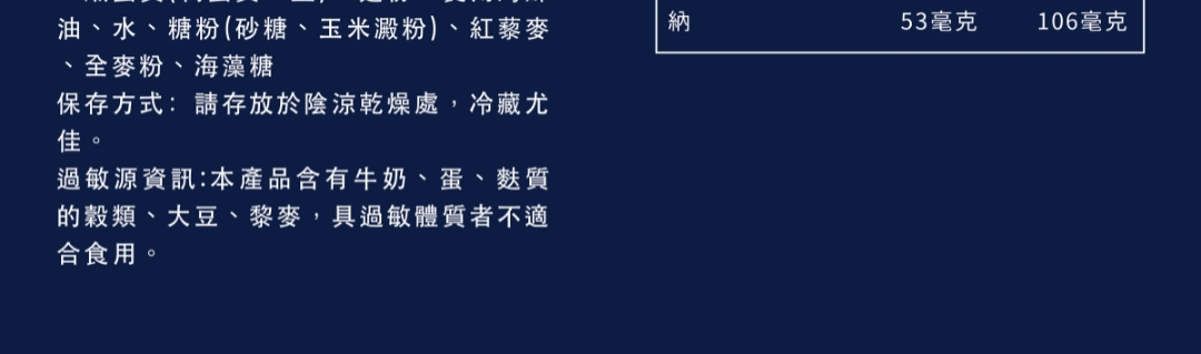 全麥蛋黃酥成分尾頁標示。標註保存方式需冷藏,以及過敏原資訊(含牛奶、蛋、大豆、藜麥與麩質穀物)。