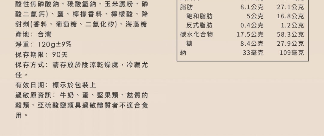 老奶奶檸檬布列塔尼的產品標示圖。包含台灣產地、淨重、保存期限、詳細成分，以及每份 149.7大卡的營養標示