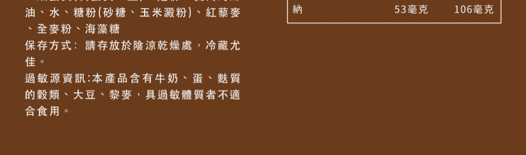 全麥蛋黃酥成分尾頁標示。標註保存方式需冷藏,以及過敏原資訊(含牛奶、蛋、大豆、藜麥與麩質穀物)。